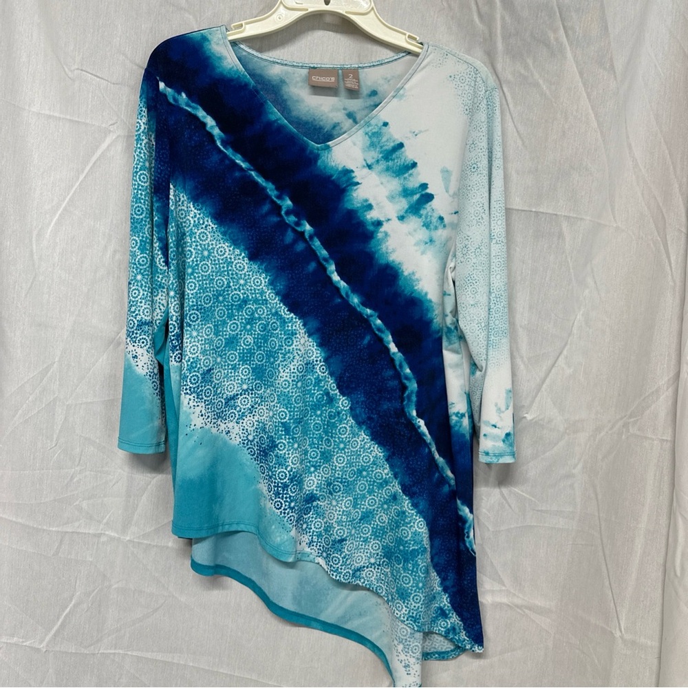 Chico's Teal and Aqua Tie-Dye V-Neck Top